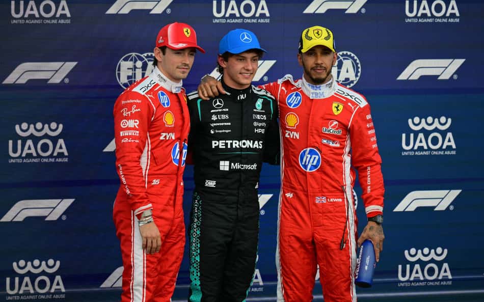 Grid de largada do GP da Inglaterra, com Charles Leclerc, Kimi Antonelli e Lewis Hamilton, na F1 2026
