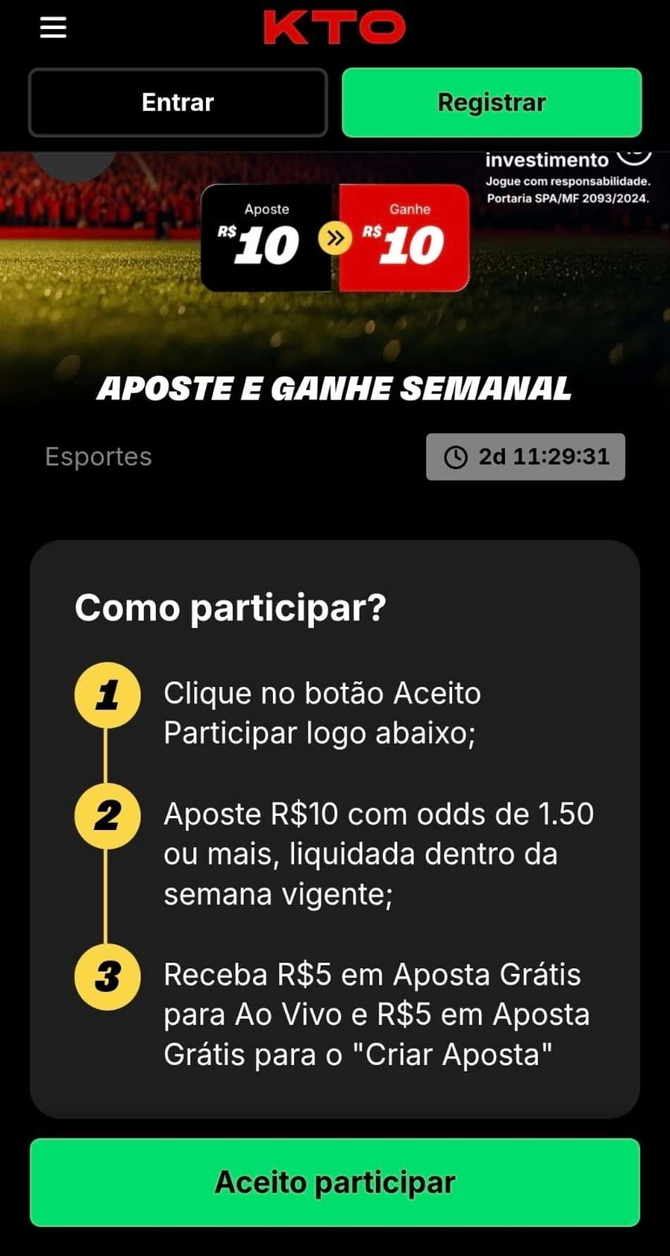 Captura de tela da campanha Aposte e Ganhe Semanal da KTO com R$10 em apostas grátis