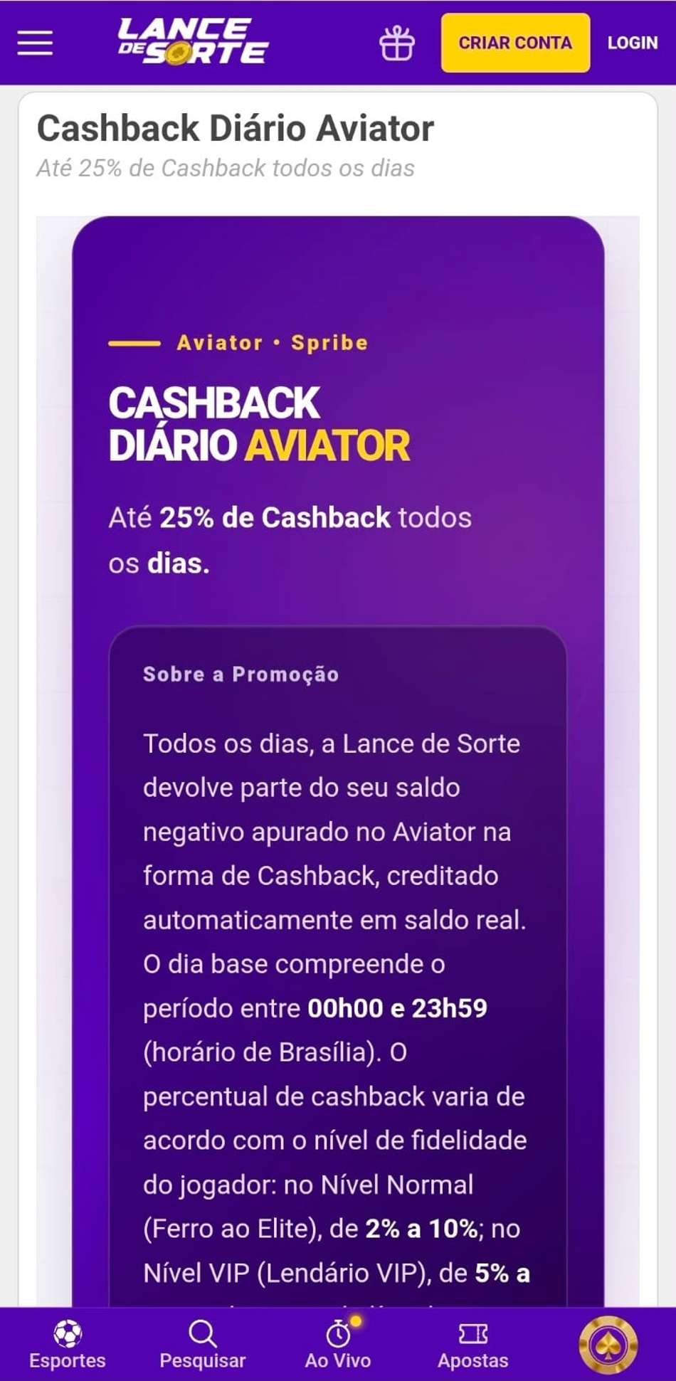 Captura de tela da Lance da Sorte exibindo a campanha de Cashback Diário no Aviator.