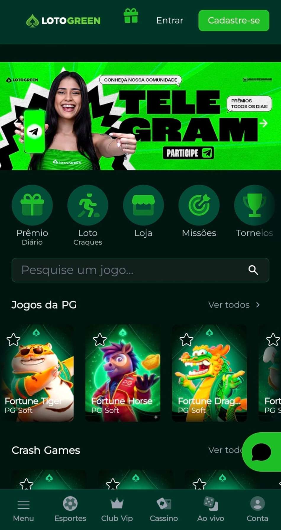 Captura de tela da Lotogreen, uma das melhores casas de apostas do Brasil, exibindo o card do grupo do Telegram.