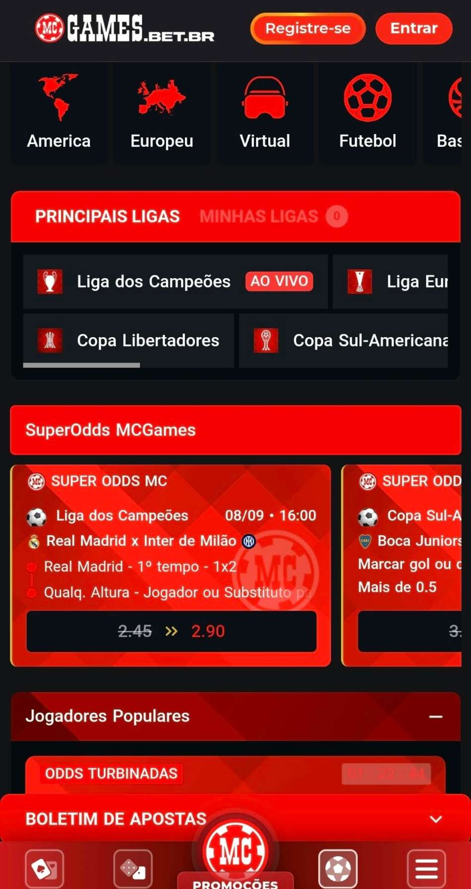 Captura de tela da página inicial da MC Games exibindo a oferta de Super Odds.
