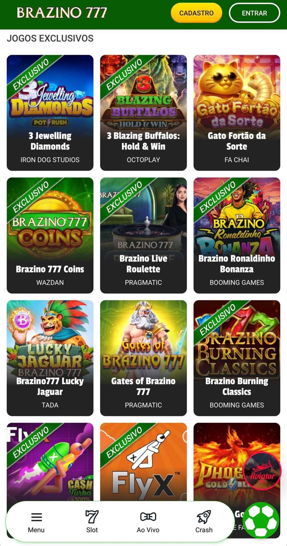 Captura da tela de jogos exclusivos na casa de apostas Brazino777.