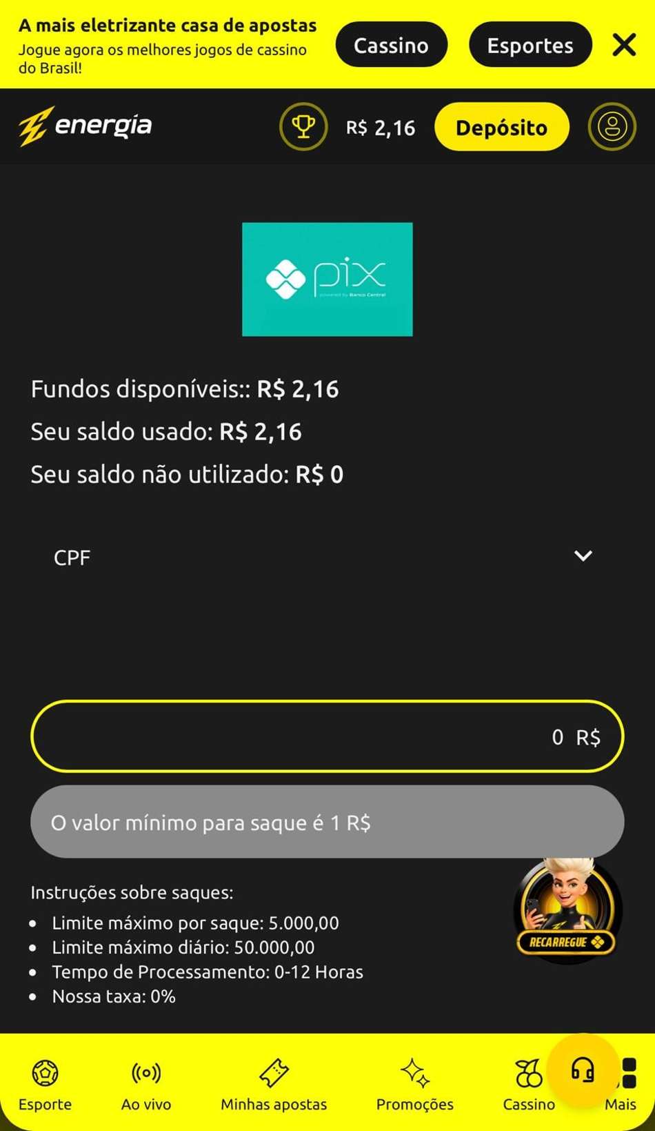 Captura da tela de saque na casa de apostas Energia Bet.