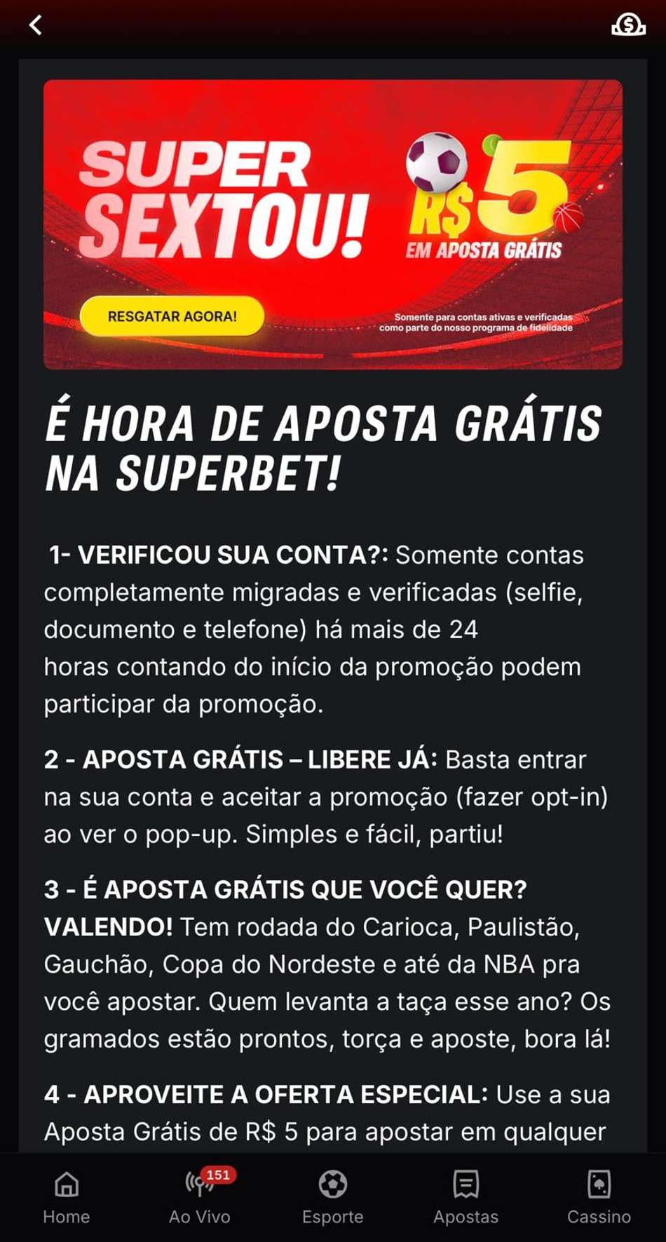 Captura da tela de esportes da Superbet, uma das melhores casas de apostas do Brasil.
