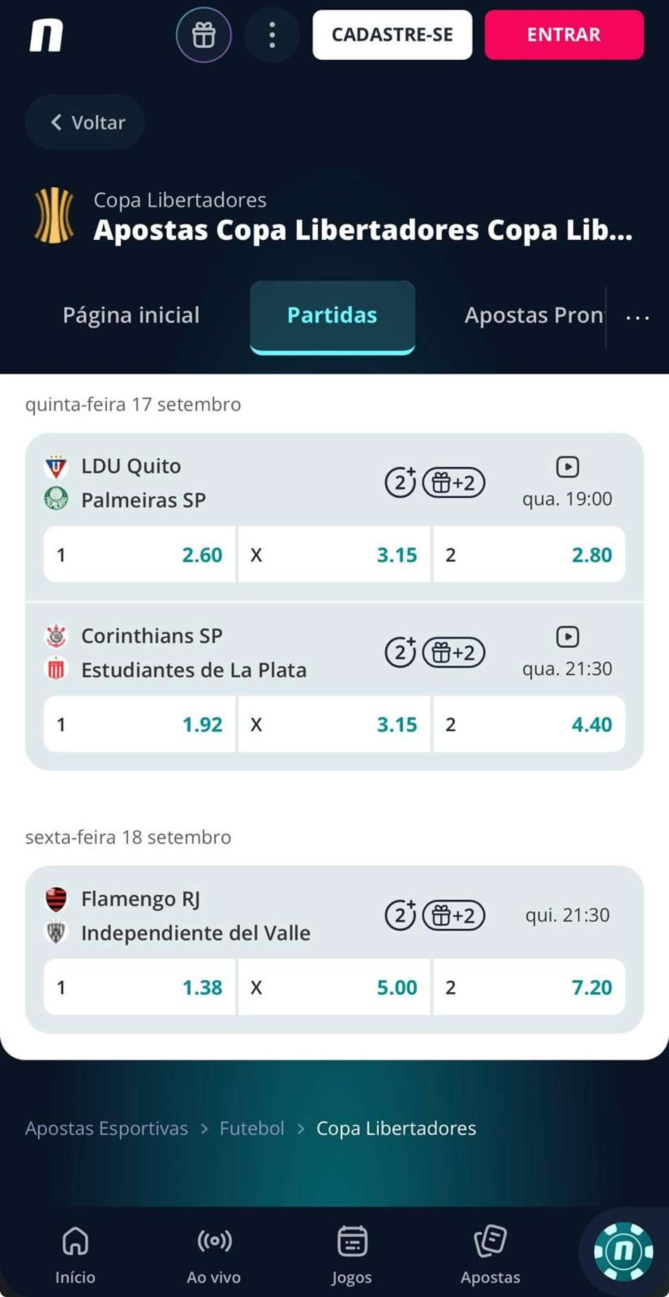 Captura de tela mostra os jogos da Libertadores com transmissão ao vivo na Novibet.