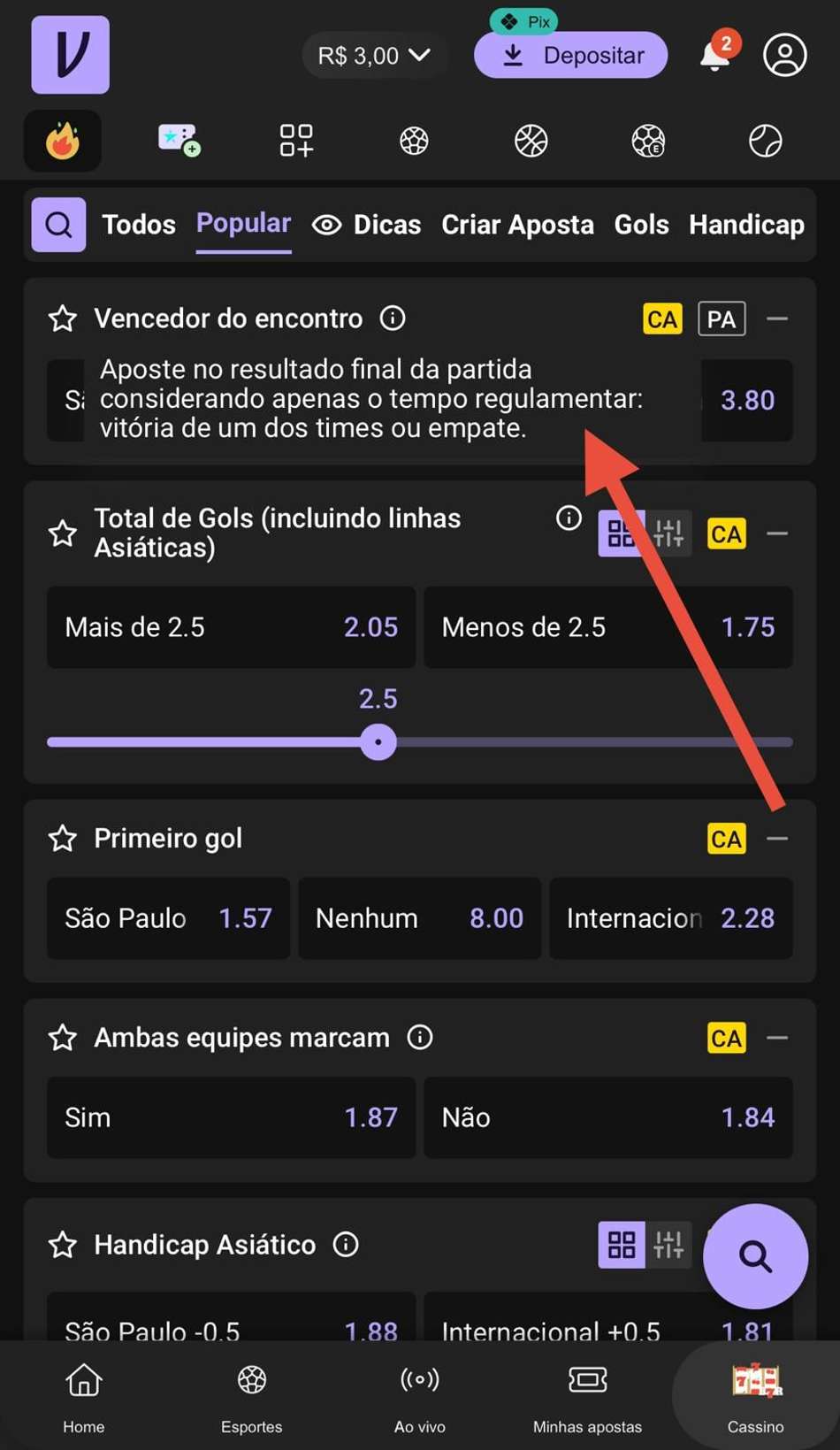 Captura de tela mostra explicações sobre mercados na casa de apostas Vupi.
