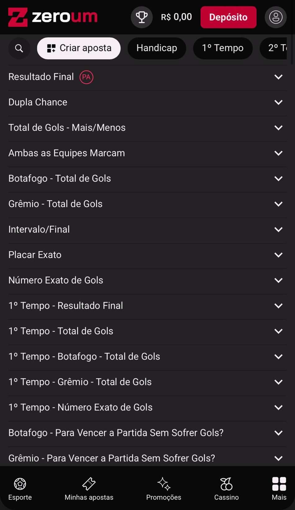 Captura de tela de mercados com Criar Aposta na Zeroum Bet.