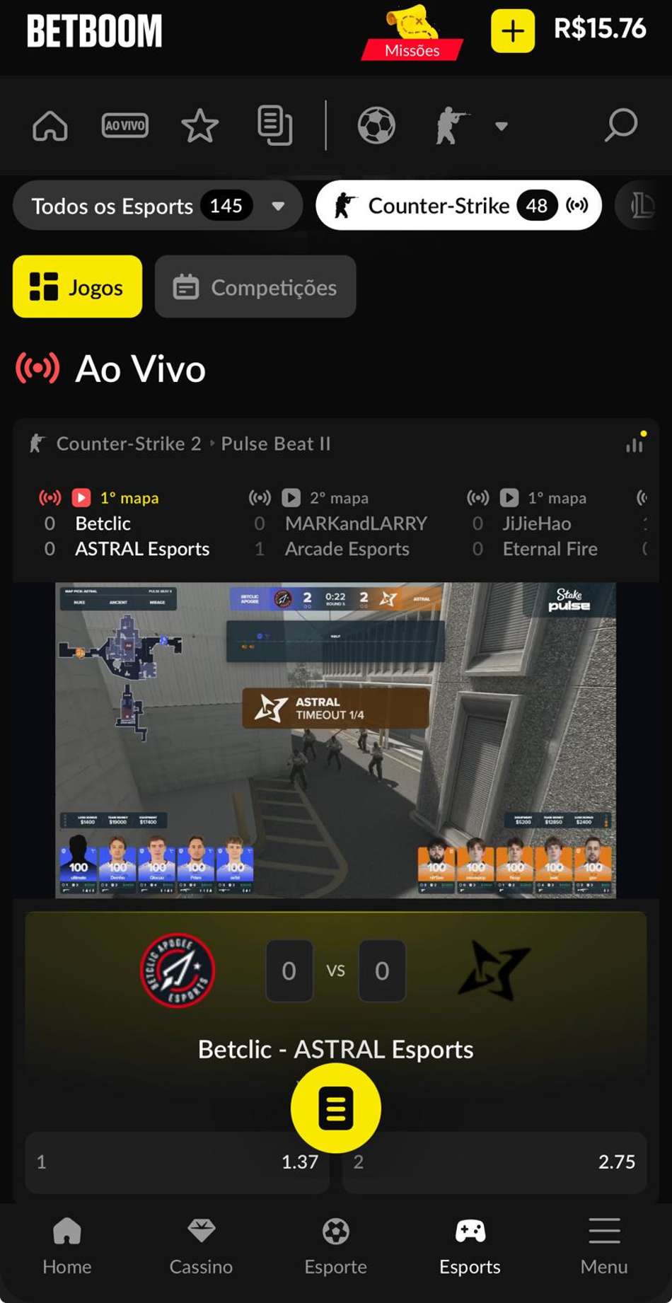 Captura de tela de uma aposta em eSports na BetBoom.