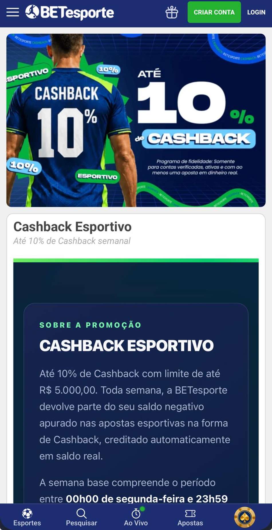 Captura de tela do cashback esportivo da BETesporte.