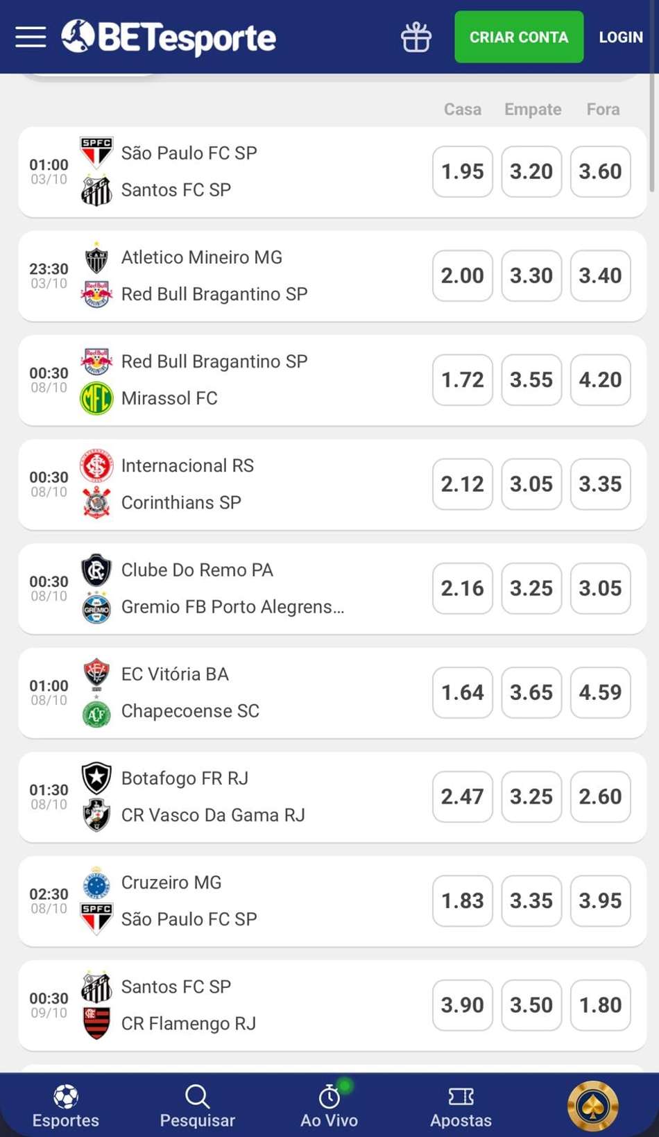 Captura da tela de apostas em futebol na BETesporte.