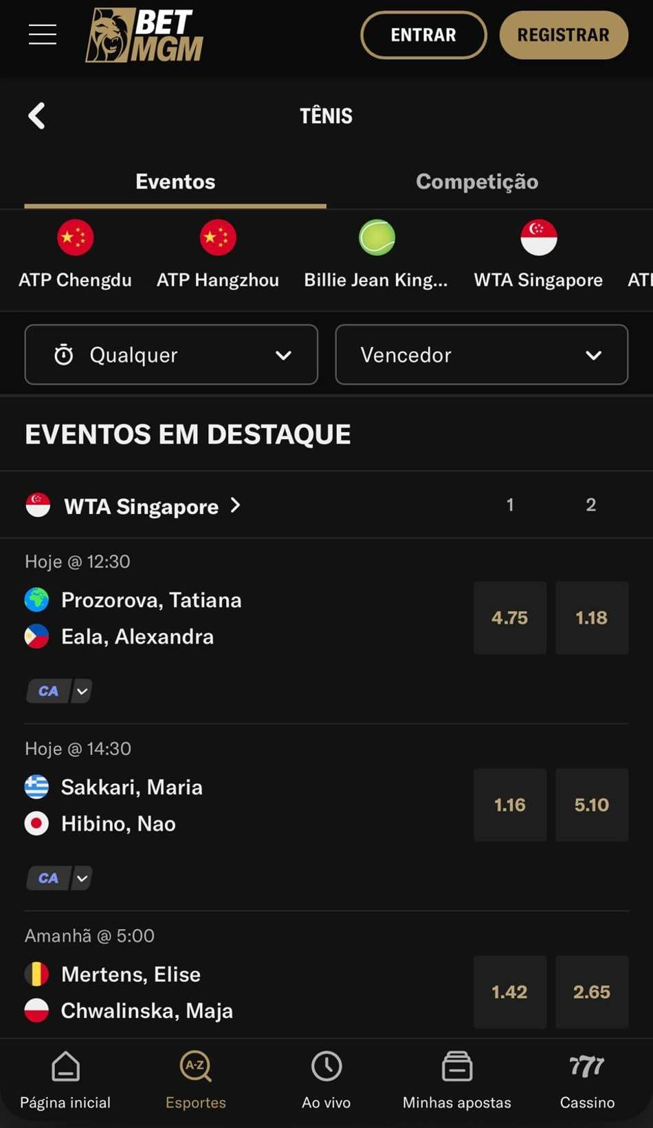 Captura de tela mostra a ferramenta Criar Aposta em jogos de tênis na BetMGM.