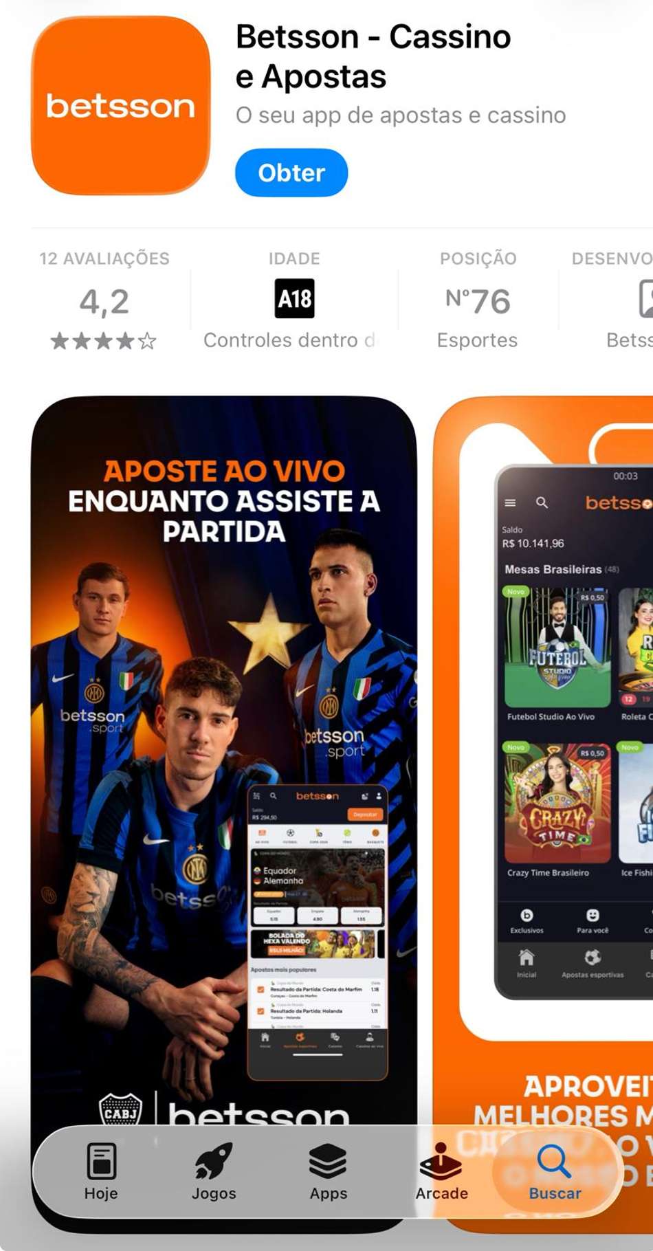 Captura de tela exibe o app da Betsson para aparelhos iOS.