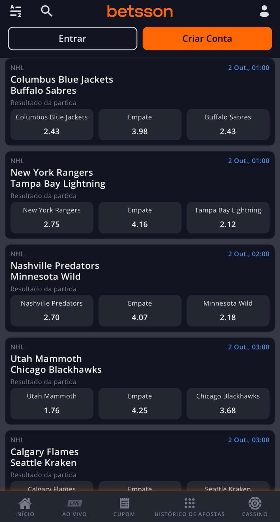 Captura de tela de uma aposta em NHL na Betsson.