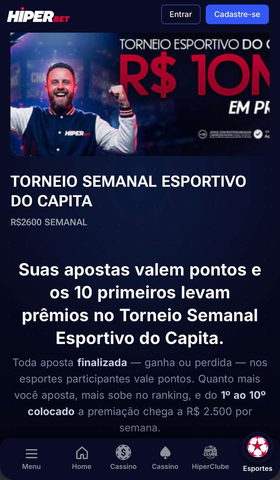 Captura de tela do site de apostas Hiperbet.