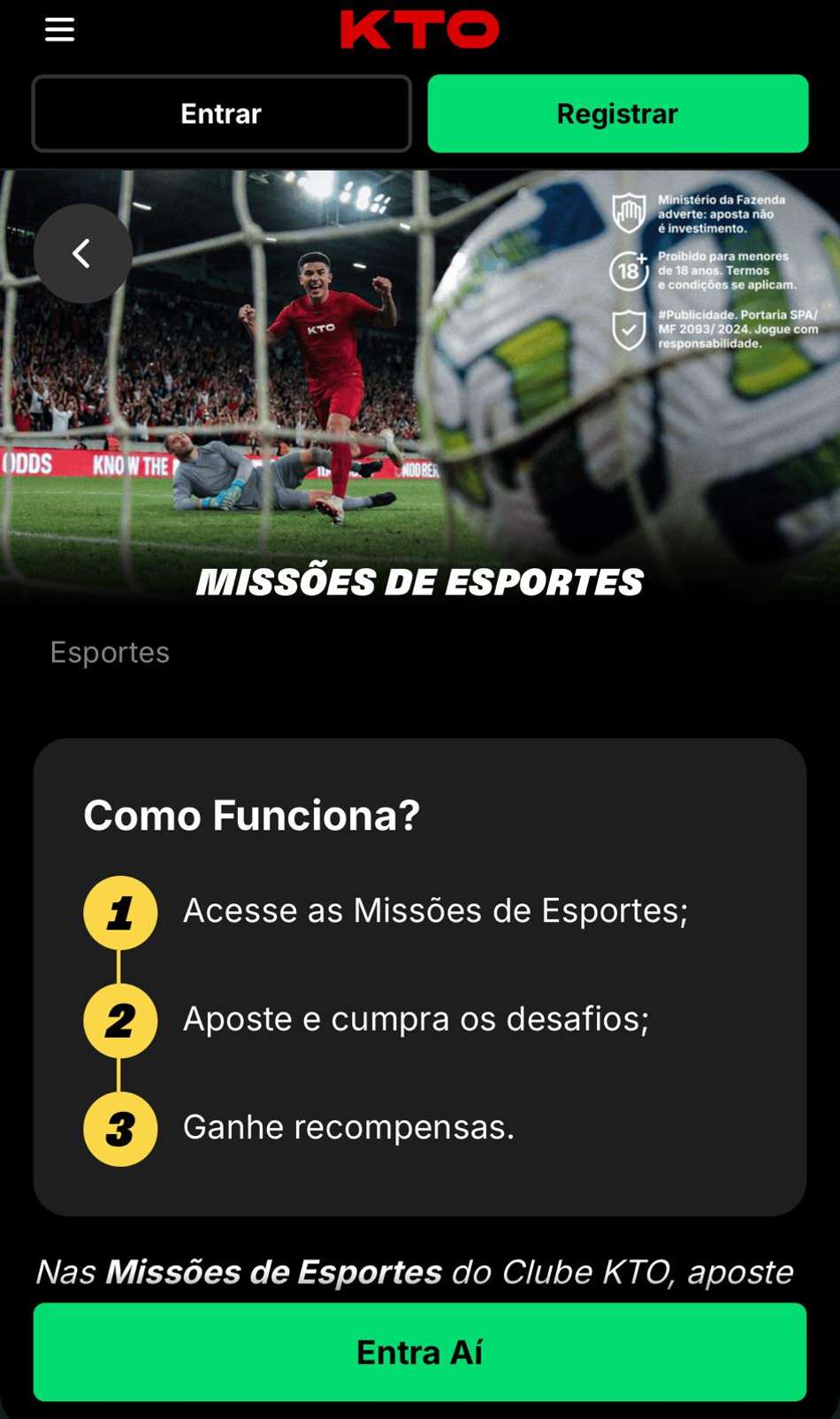 Captura de tela mostra aba de missões na KTO que inclui apostas em lutas e UFC.