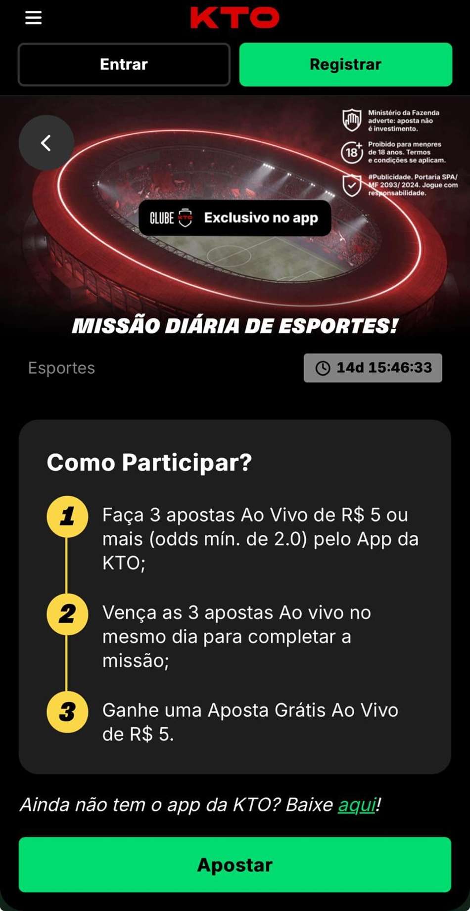 Captura de tela mostra aba de missões na KTO que inclui apostas em lutas e UFC.