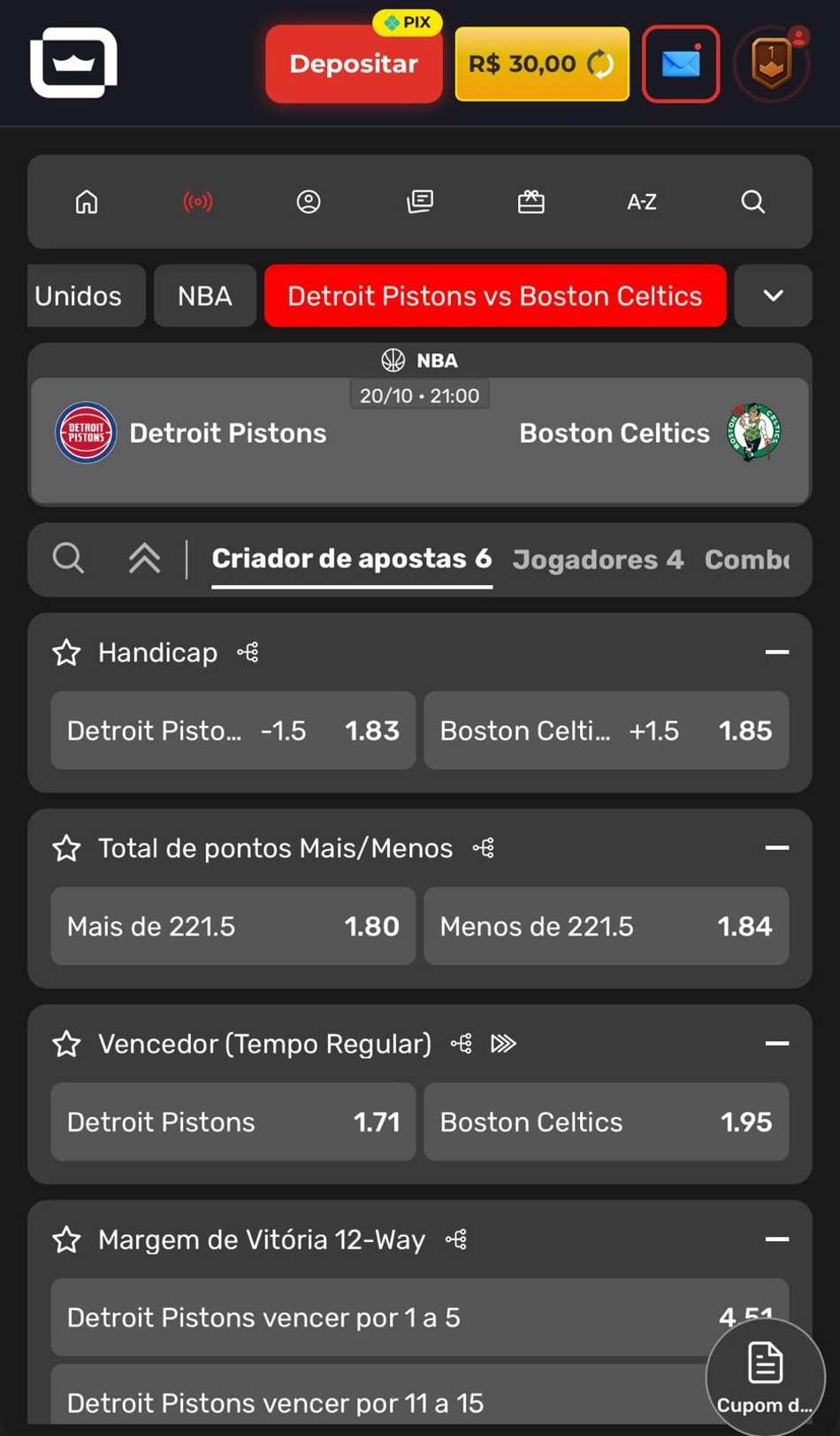 Captura de tela do Criar Aposta no basquete da Liderbet.