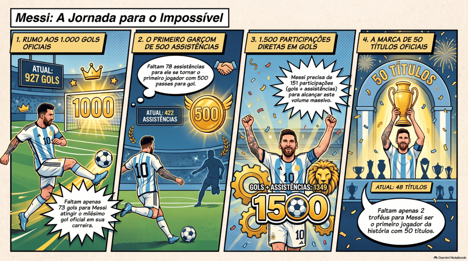 Quadrinho com ilustrações dos recordes que Messi está perto de alcançar