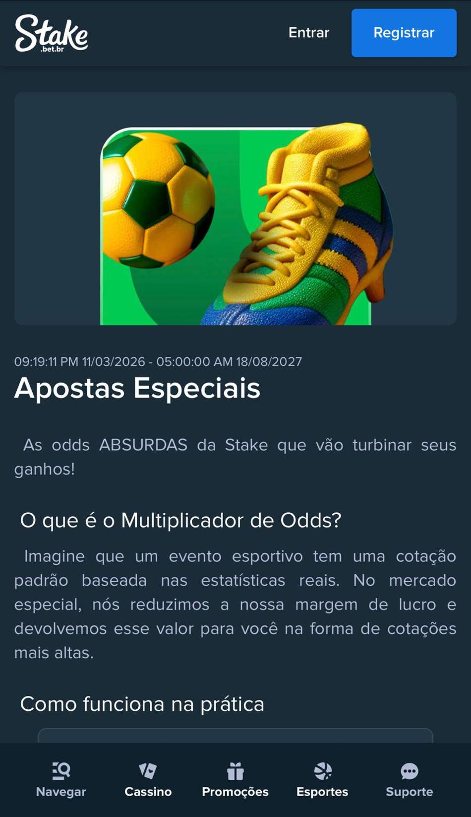 Captura de tela da promoção Multiplicador de Odd da Stake Brasil.
