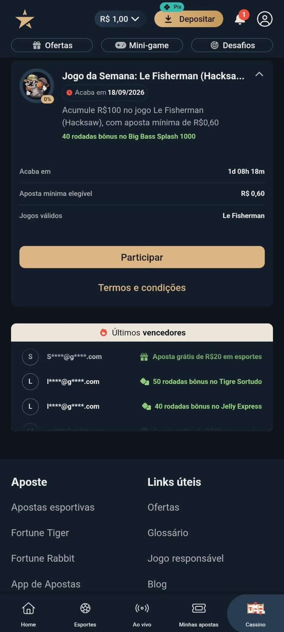 Captura de tela do bônus diário no novo cassino Estrela bet.
