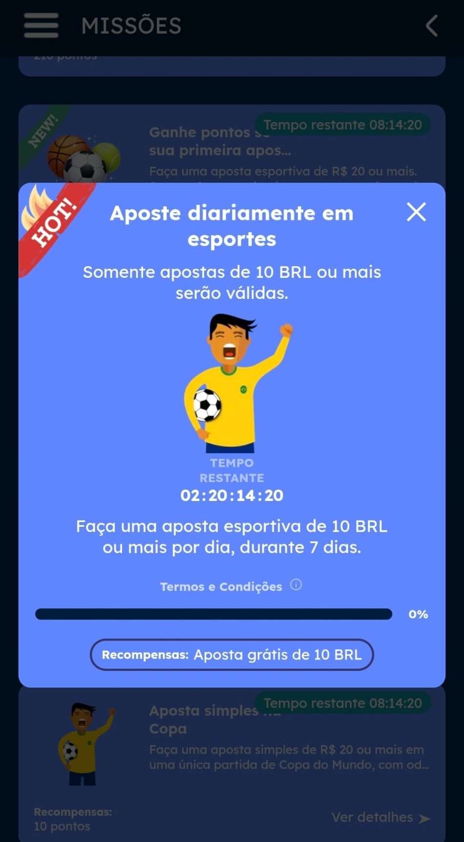 Captura de tela da missão de apostas grátis na casa de apostas da Oleybet.