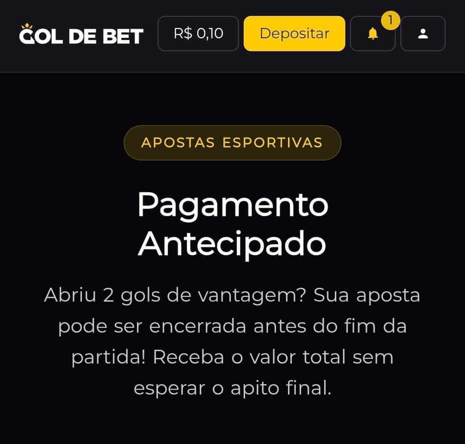  Captura de tela do recurso de Pagamento Antecipado no site oficial da Gol de Bet.