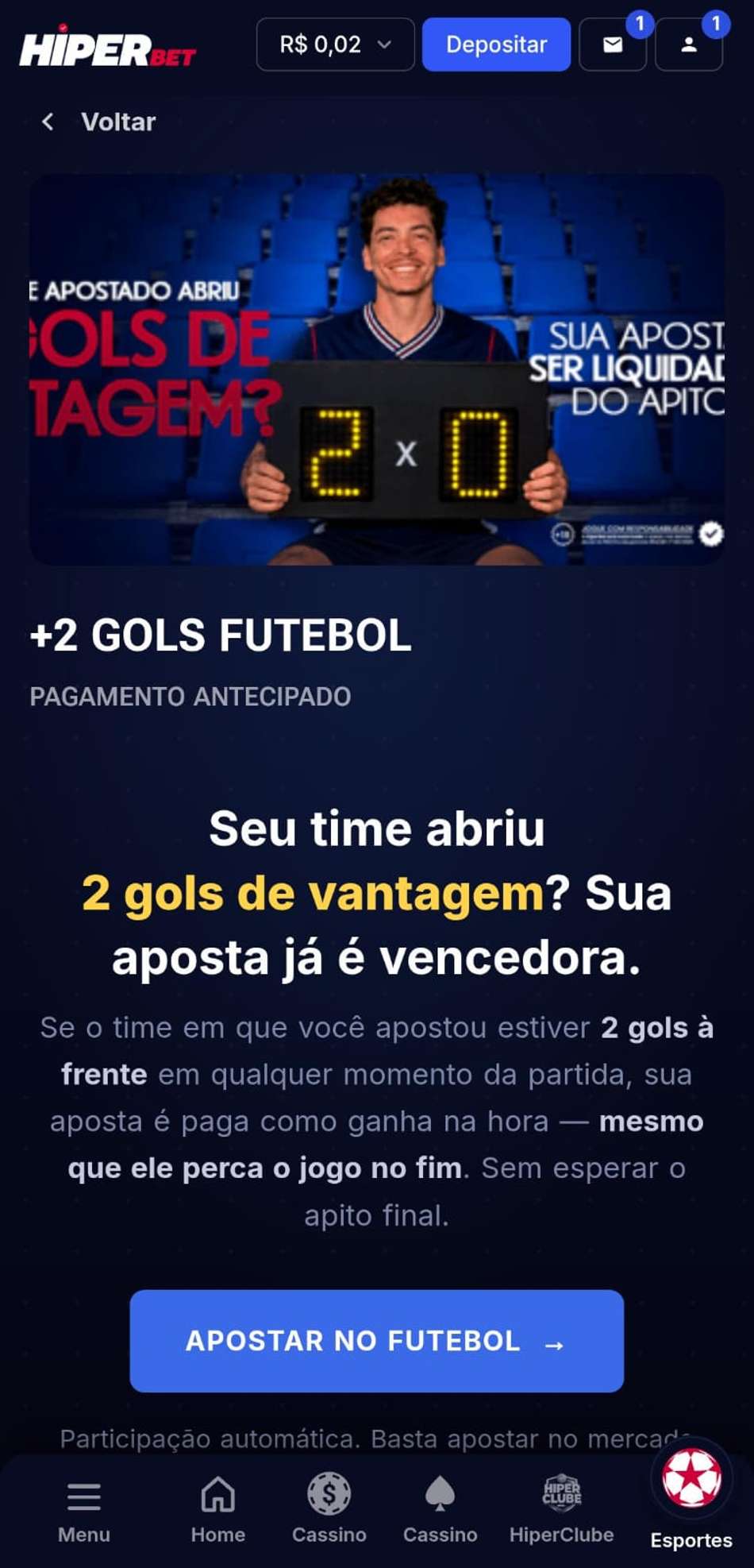 Captura de tela do Pagamento Antecipado na Hiperbet.