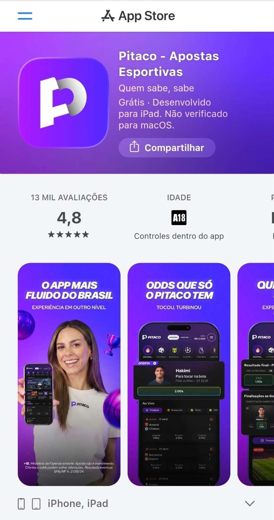 Captura de tela do aplicativo de apostas da Pitaco no site da Apple Store