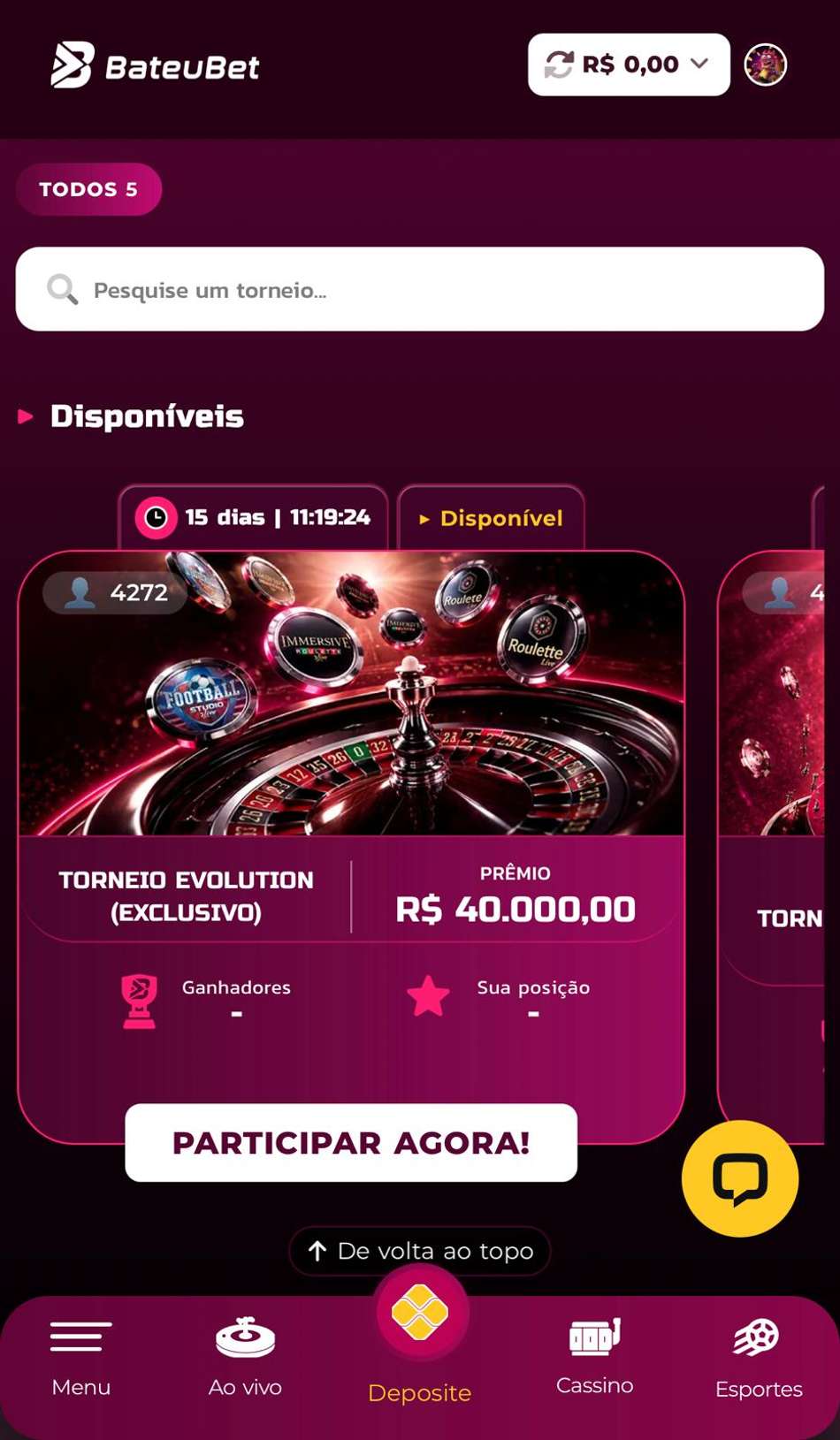 Captura da tela de torneios na plataforma BateuBet.