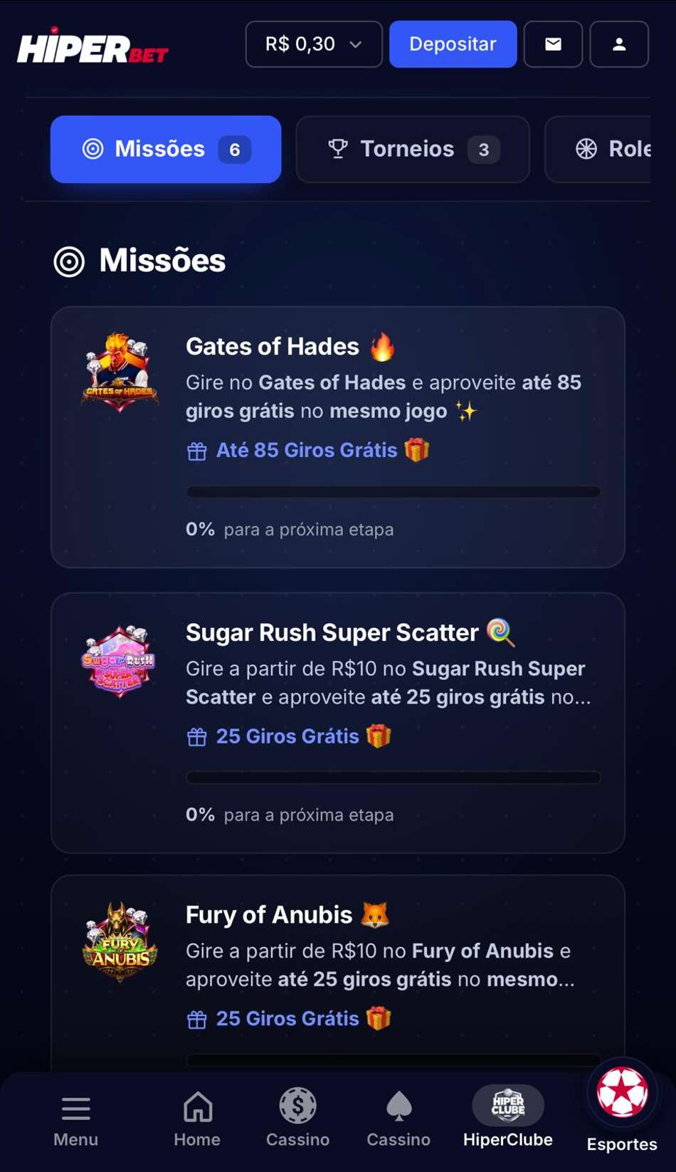 Captura de tela das missões disponíveis na plataforma de 1 real Hiperbet.