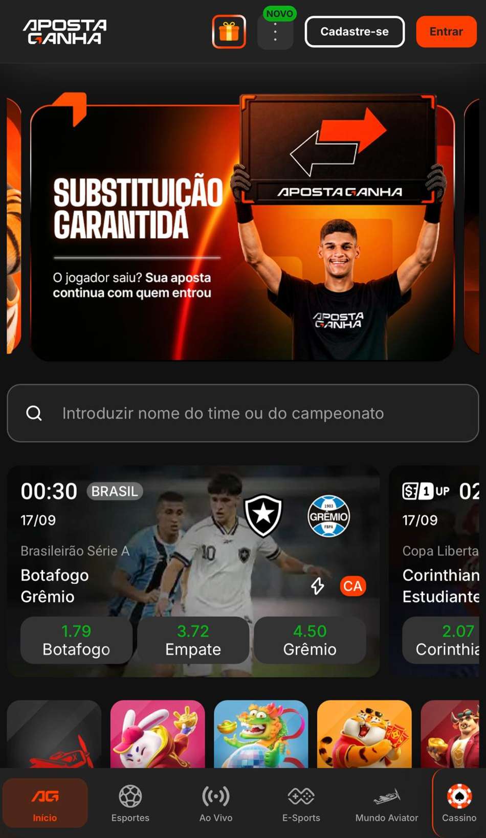 Captura de tela da campanha "Substituição Garantida" da plataforma com bônus Aposta Ganha.