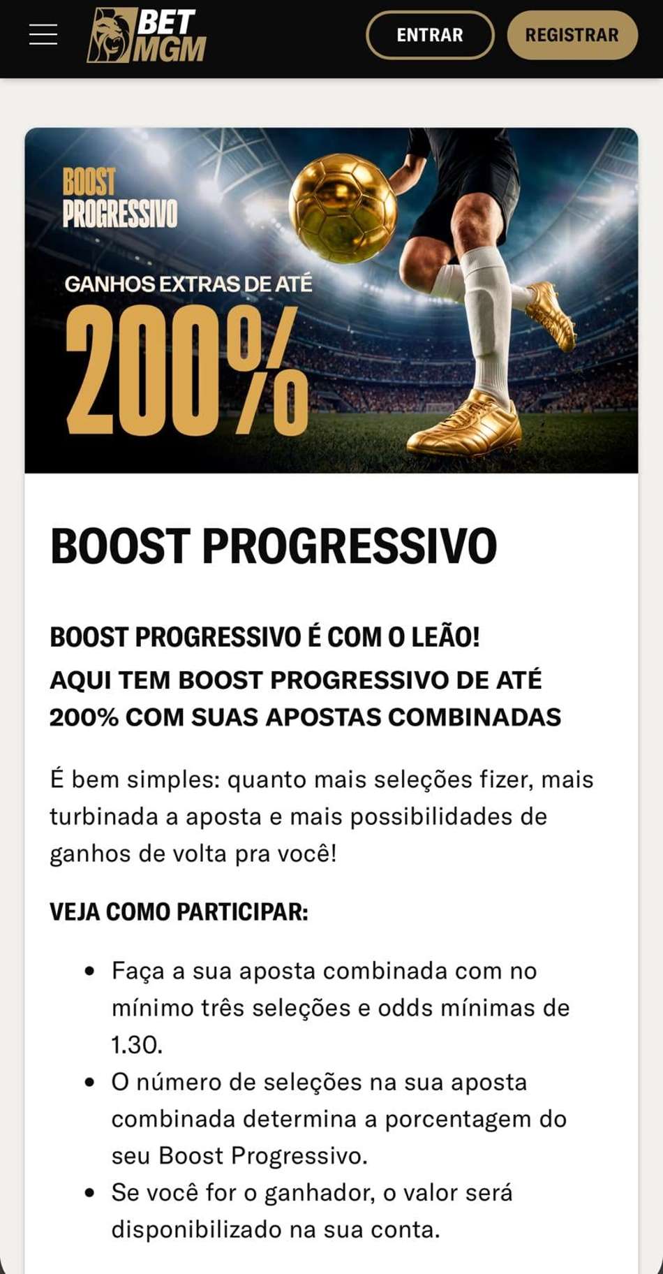 Captura de tela do Boost Progressivo da plataforma com bônus BetMGM.
