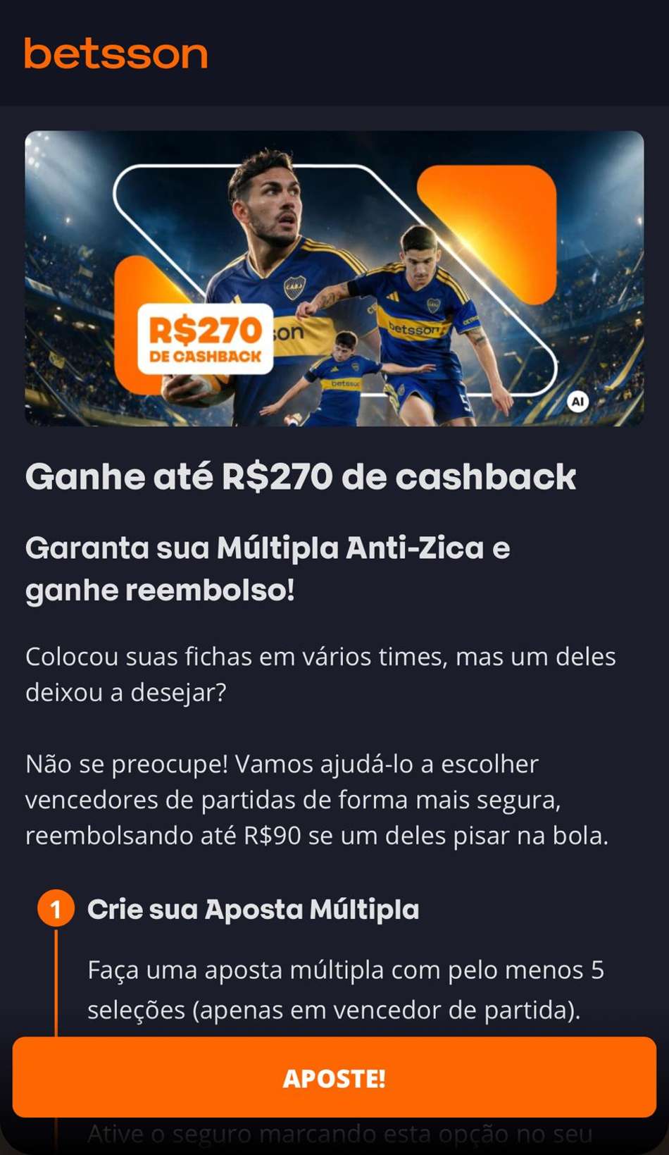 Captura de tela do bônus Anti-Zica da Betsson.