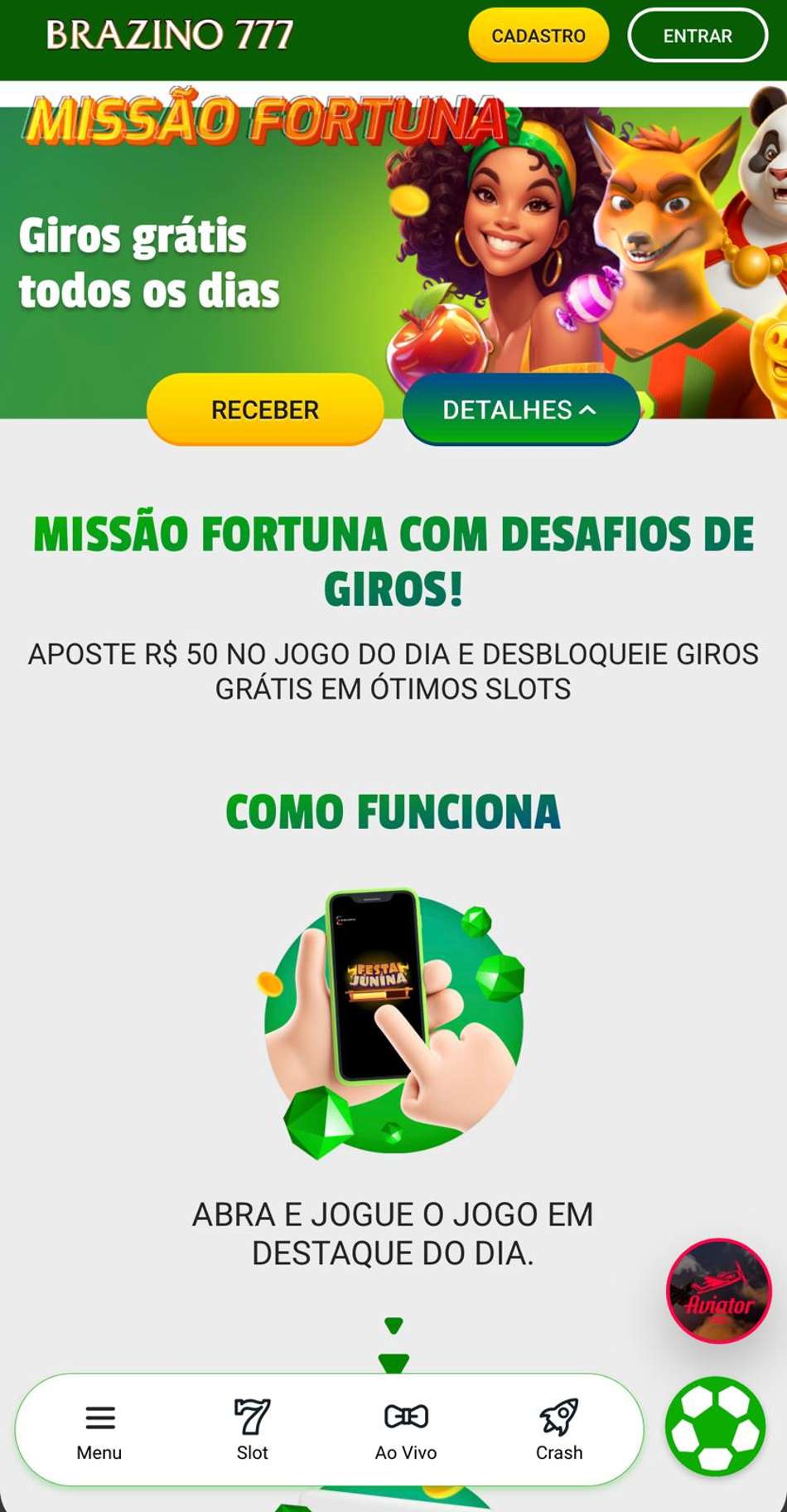 Captura de tela do bônus Brazino777 Missão Fortuna com giros grátis todos os dias.