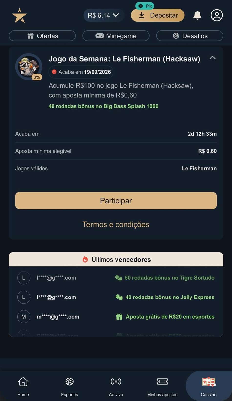 Captura de tela da plataforma com bônus Estrela Bet.