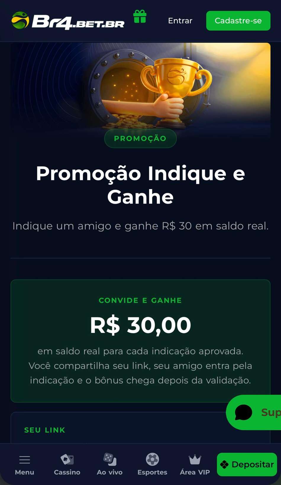 Captura de tela da página inicial da plataforma com bônus BR4BET.