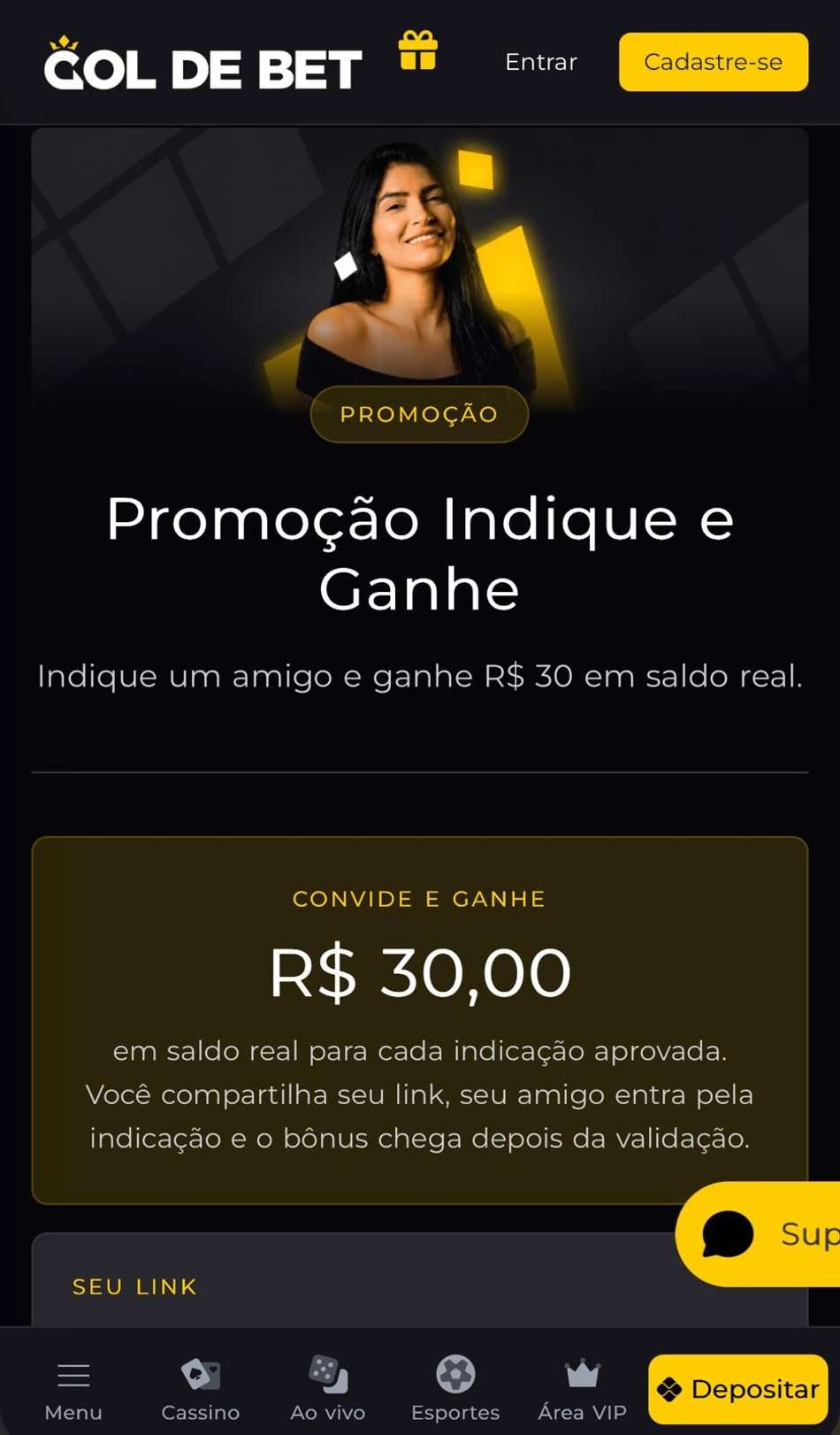 Captura de tela do bônus Gol de Bet Indique e Ganhe R$30 em dinheiro.