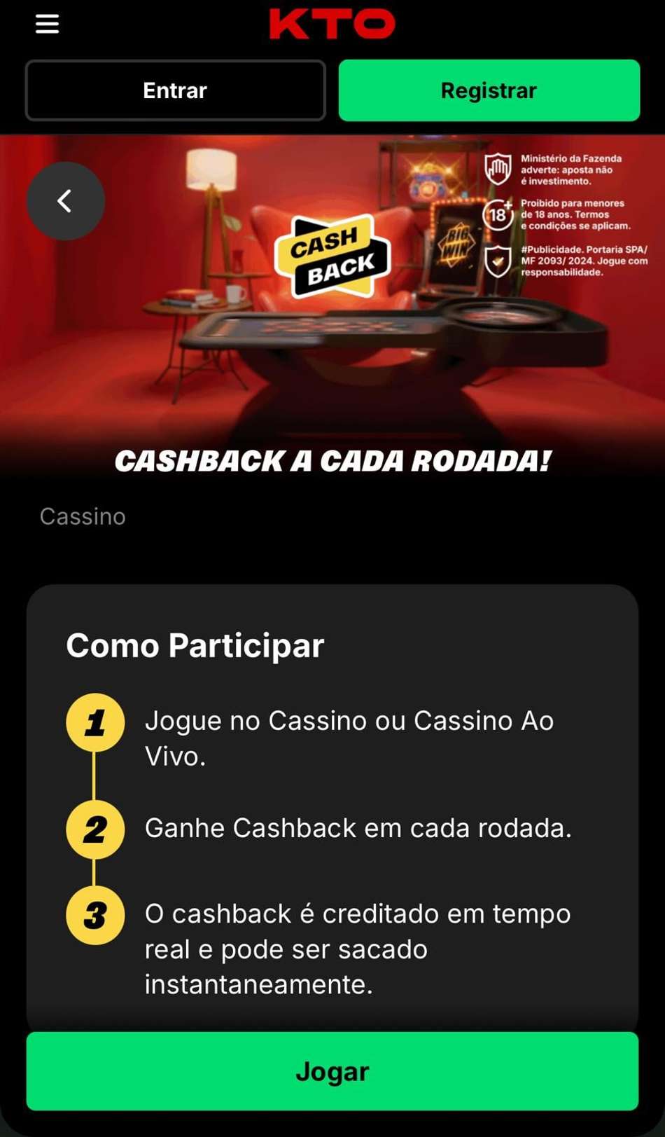 Captura de tela da campanha Cashback a Cada Rodada da KTO.