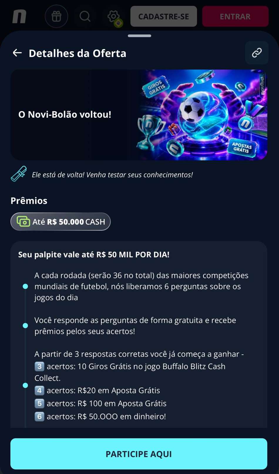 Captura de tela do bônus Novibet Novi-Bolão.
