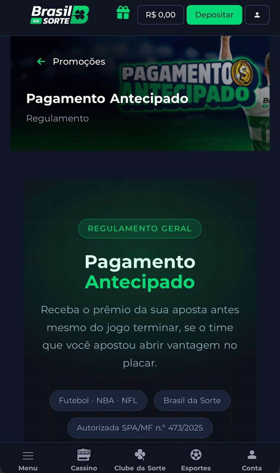 Captura de tela do Pagamento Antecipado na Brasil da Sorte.