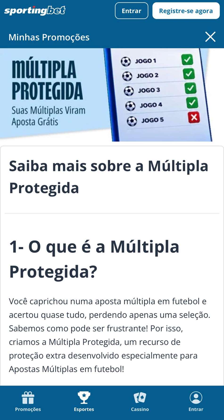 Captura de tela da campanha Múltipla Protegida no site oficial da Sportingbet.