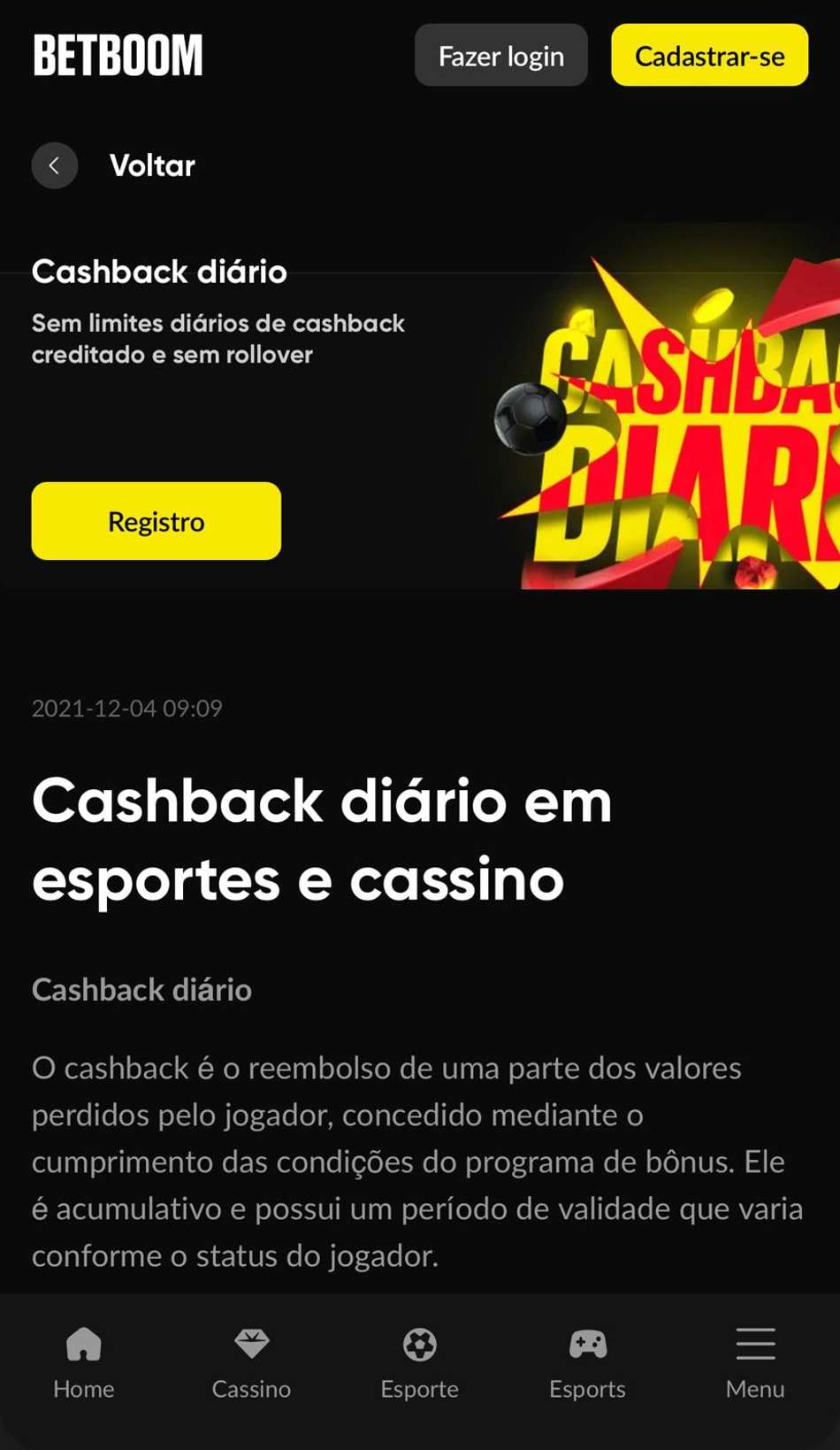 Captura de tela do cashback diário BetBoom.