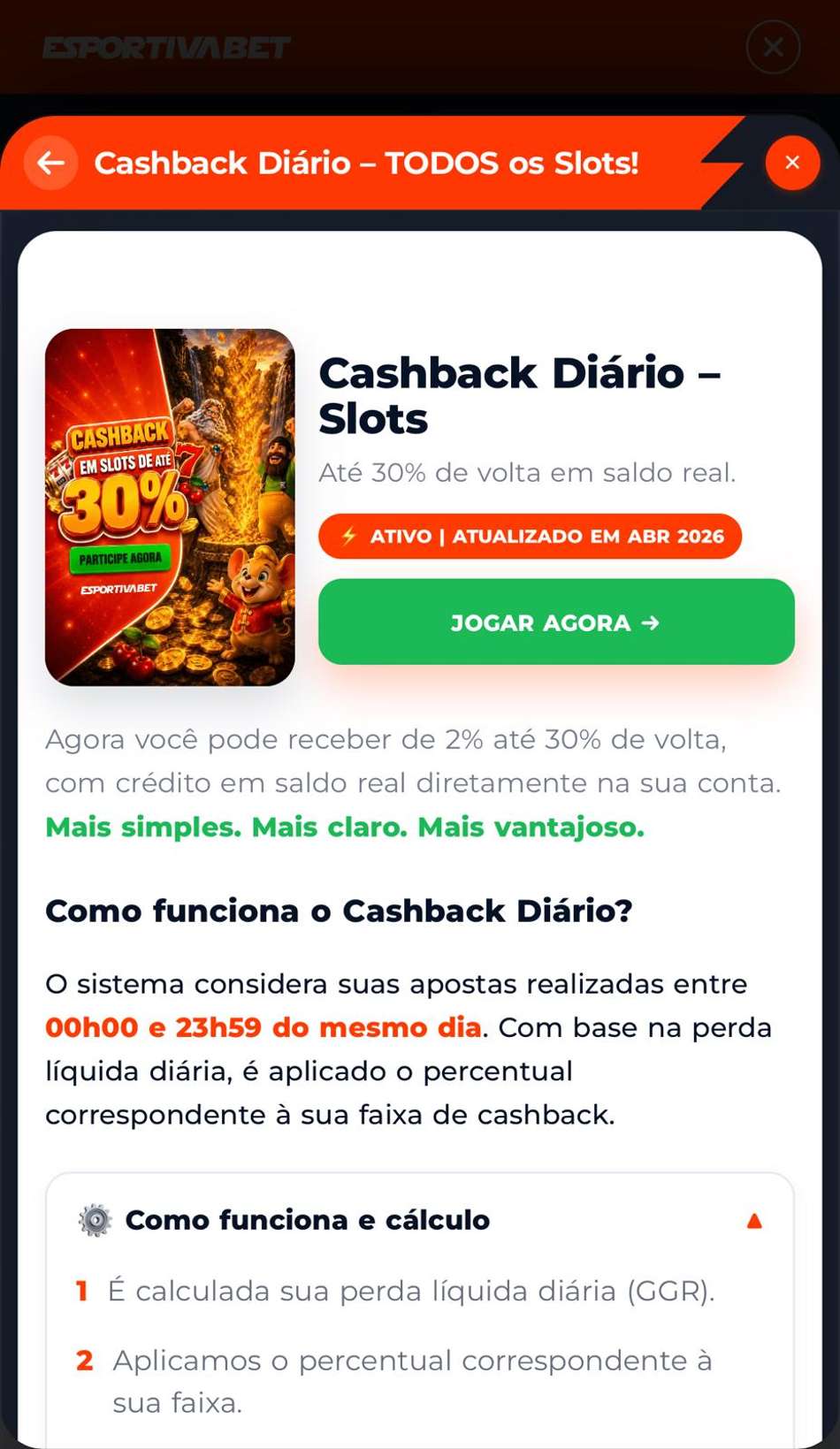 Captura de tela da promoção de cashback na plataforma que mais paga Esportiva Bet.