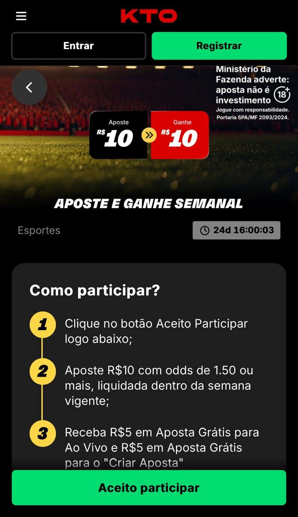 Captura de tela mostra campanha de apostas grátis na plataforma que mais paga KTO.