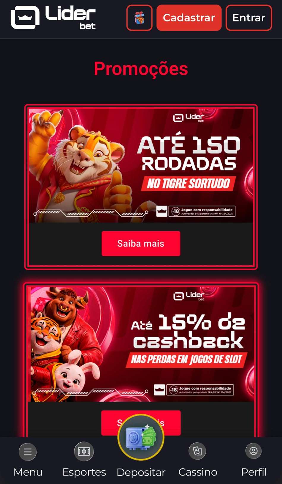 Captura de tela da Liderbet que paga 150 rodadas extras no Tigre Sortudo.