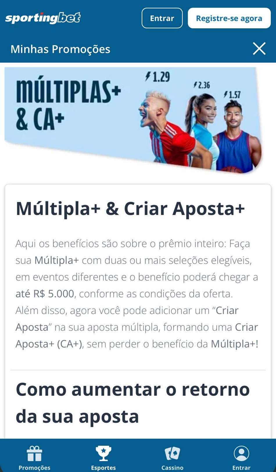 Captura de tela da página do bônus Múltiplas+ na Sportingbet.