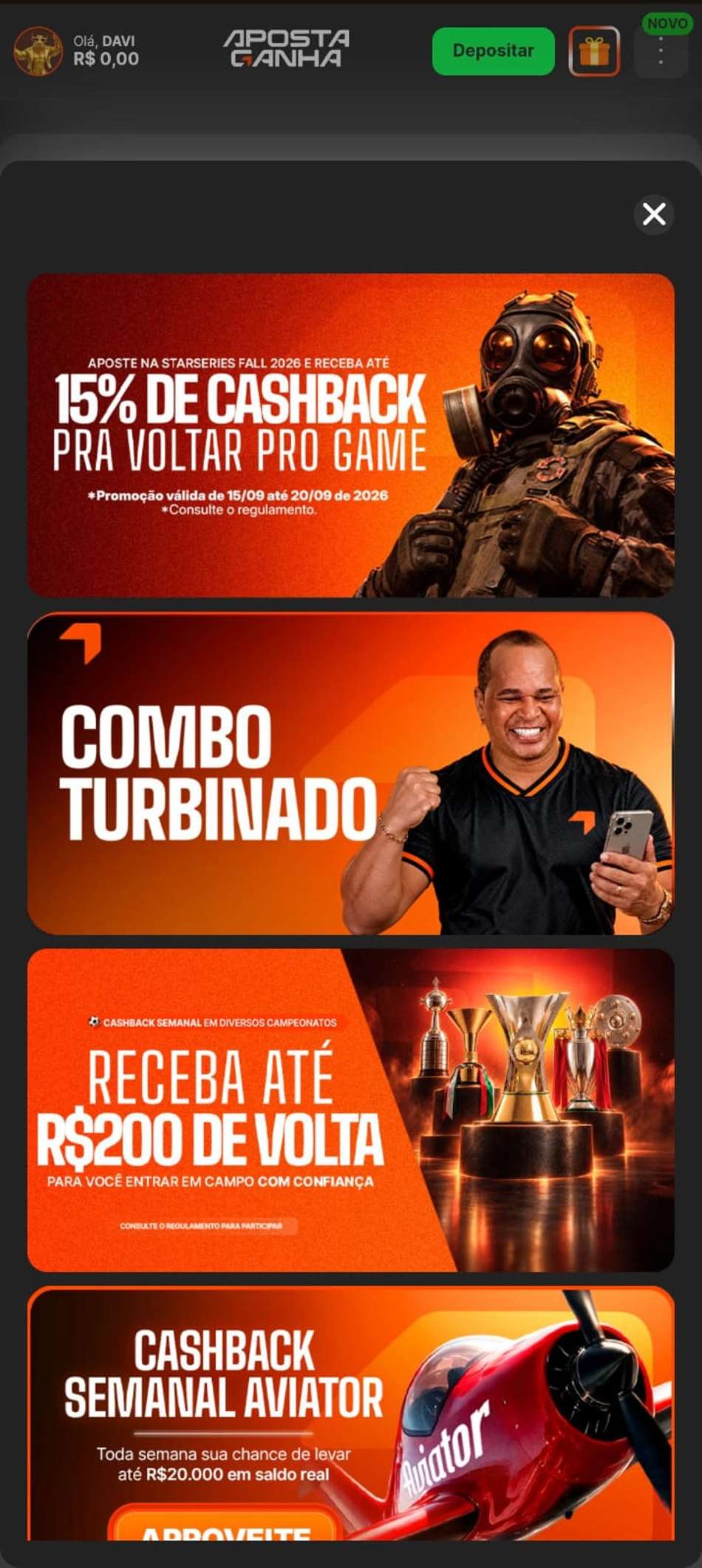 Captura de tela das promoções na plataforma de 1 real Aposta Ganha.