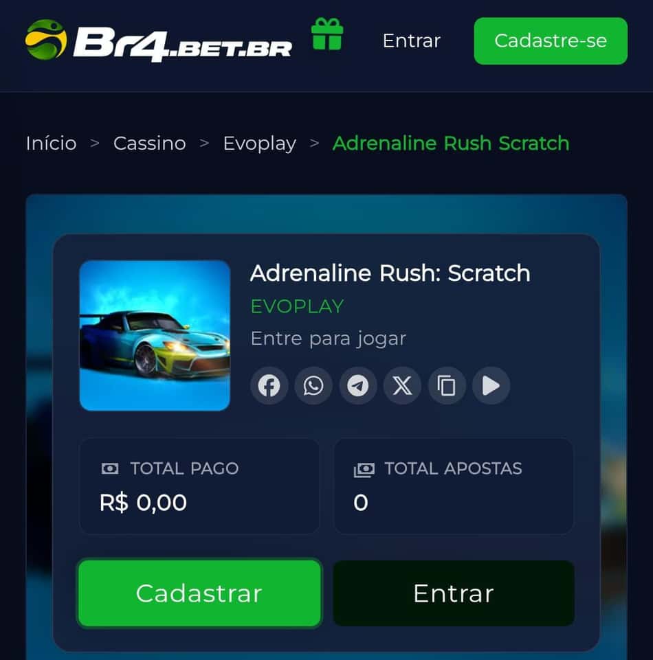 Captura de tela do Adrenaline Rush: Scratch no cassino BR4BET.
