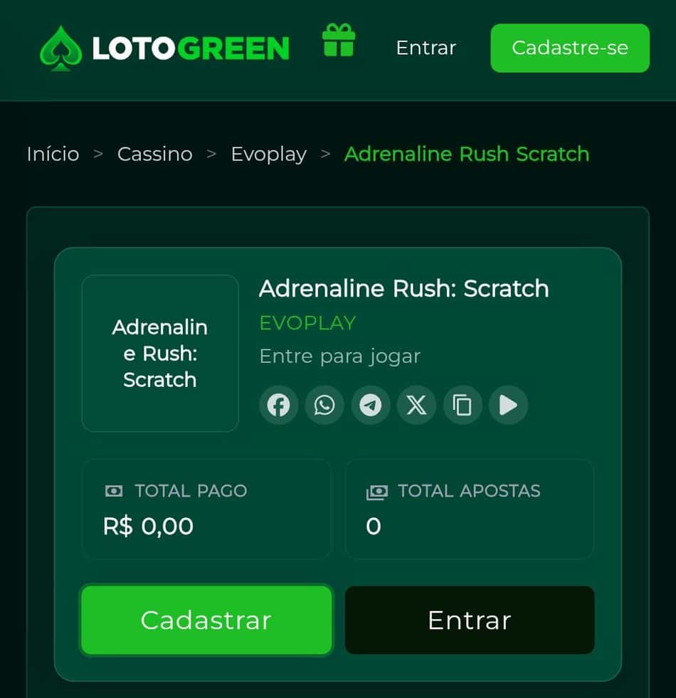 Captura de tela da plataforma com raspadinha Lotogreen.