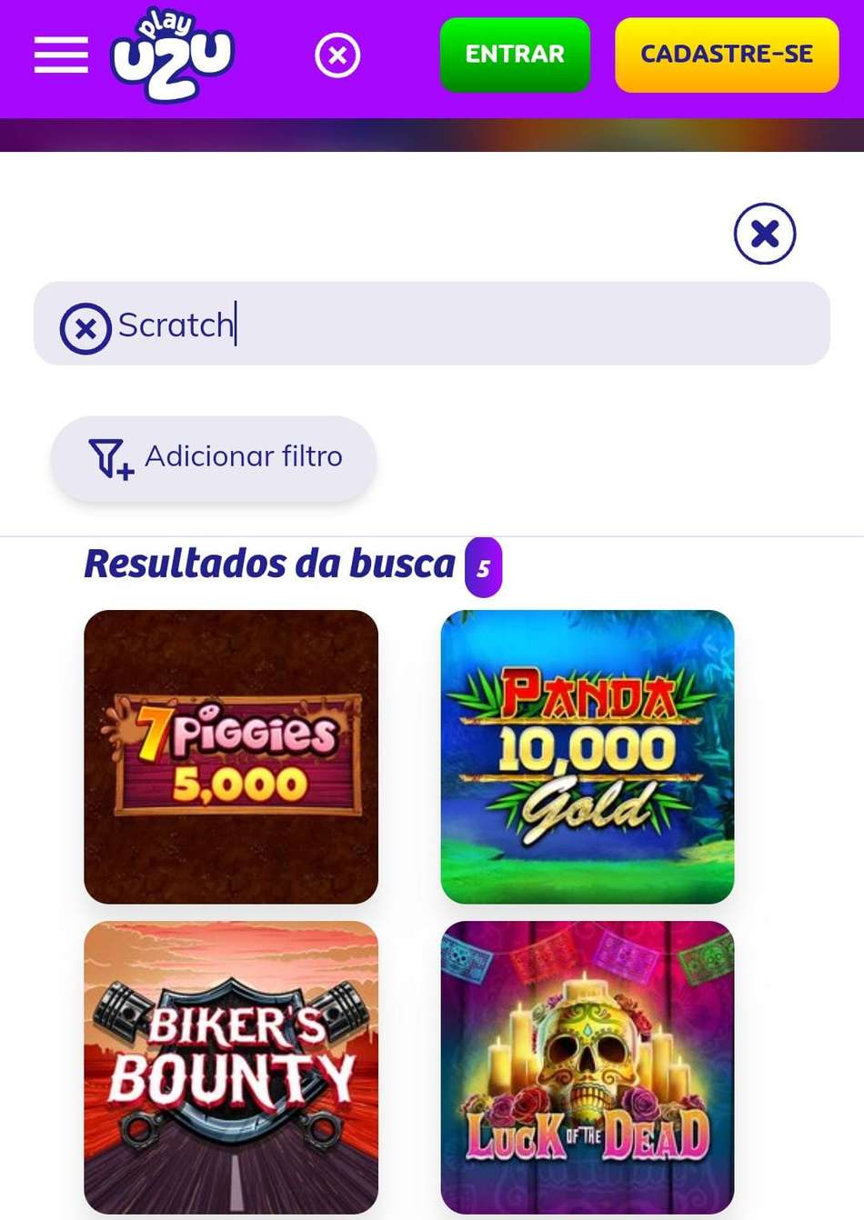 Captura de tela das raspadinhas disponíveis na PlayUZU.
